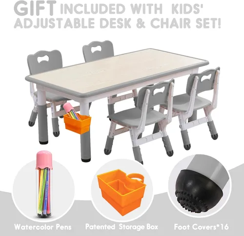 Vista 4 de Juego de mesa y silla para niños, juego de mesa y sillas para niños, altura ajustable, patas y organizador de mesa antideslizantes, escritorio
