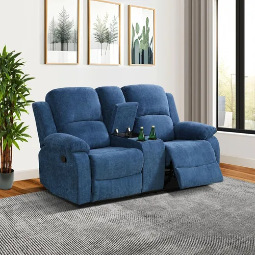 Vista 7 de Juego de sofá reclinable manual para sala de estar, juego de muebles de 3 piezas, sofá reclinable de tela Courduroy y dos sillas con mesa Azul