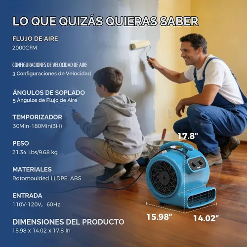 Vista 6 de ALORAIR GE2000T - Ventilador de secado de suelo de 3 velocidades, ventilador de 5 ángulos