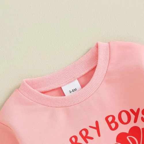 Vista 4 de SOLILOQUY Conjunto de sudadera con cuello redondo y estampado de letras para el día de San Valentín para bebé niño y niña