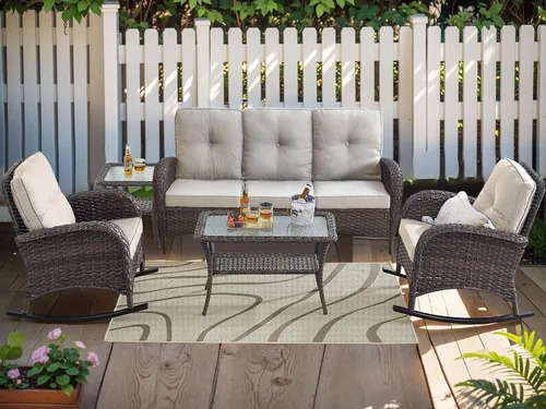 Vista 30 de HUMMUH Juego de 2 sillas de mimbre para exteriores, sillas de comedor con respaldo alto y asiento profundo para jardín, porche, patio trasero