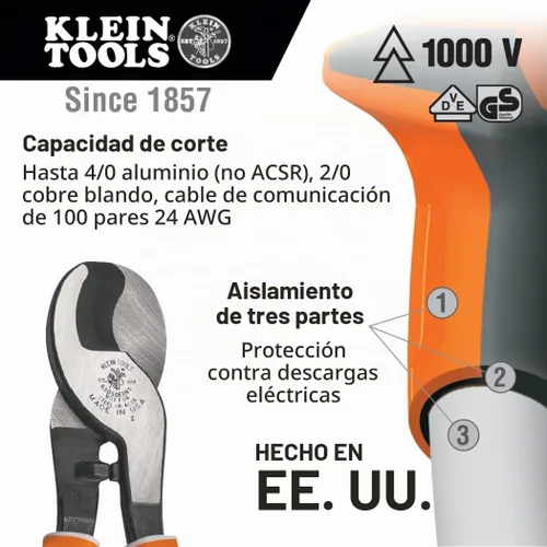 Vista 2 de Klein Tools 63050-EINS Cortador de Cable Aislado para Electricistas, Fabricado en Estados Unidos, Corta Aluminio, Cobre Suave y Cable