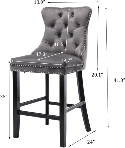 Vista 233 de SoarFlash Juego de 2 taburetes de bar tapizados de terciopelo moderno con patas de madera, botones acolchados, cabeza de clavo cromada, asiento