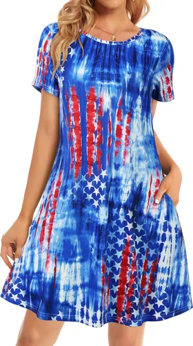 Vista 28 de Vestidos de verano para mujer, informales, holgados, estilo camiseta, florales, de manga corta, con vuelo y bolsillos, para la playa