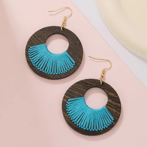 Vista 2 de COIRIS - Aretes colgantes geométricos de madera con forma de círculo, de madera hueca, grandes, redondos, ligeros, colgantes