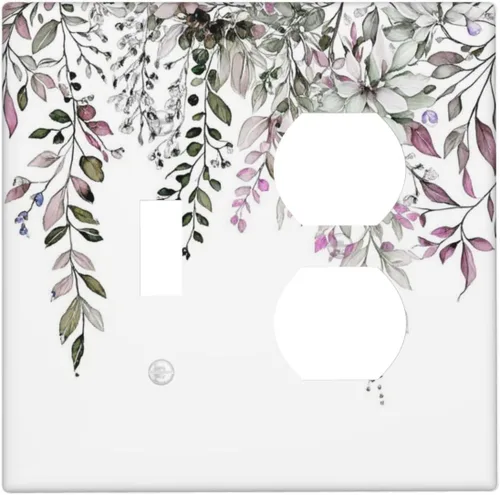Vista 127 de Cubierta de tomacorriente eléctrico dúplex individual estilo campestre con diseño floral de flores y pájaros en blanco y negro, placa de pared de 1