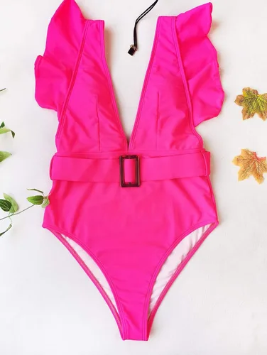Vista 4 de Avanova Traje de baño de una pieza para mujer con volantes y cuello en V profundo y tirantes