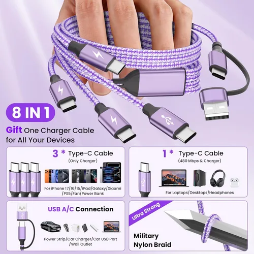 Vista 3 de Cable de carga múltiple 4 en 2, cable USB C a USB C con 4 X tipo C, cable de carga de teléfono de viaje para iPhone 17/16/15, Galaxy, Android
