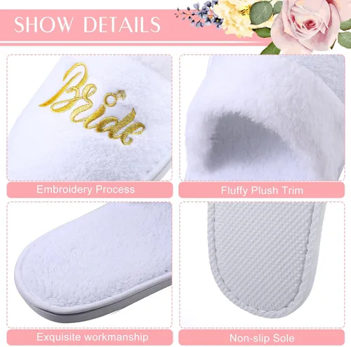 Vista 6 de 7 pares de pantuflas de boda bordadas de tribu de novia y novia, pantuflas de novia peludas, pantuflas blancas para novia, regalo de dama de honor