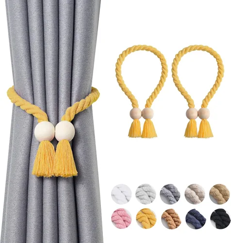 Vista 67 de NICEEC 2 Pack de Alzapaños Magnéticos de Madera en Forma de Cubo Boho para Decoración del Hogar, Alzapaños de Lino Tejidos a Mano para Cortinas Beige