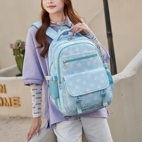 Vista 8 de Sugaroom Mochila escolar con lonchera para niñas adolescentes, Flor azul, Mochila floral con lonchera y bolsa para lápices