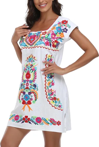 Vista 8 de YZXDORWJ Vestido bordado mexicano sin mangas con cuello de volantes para mujer