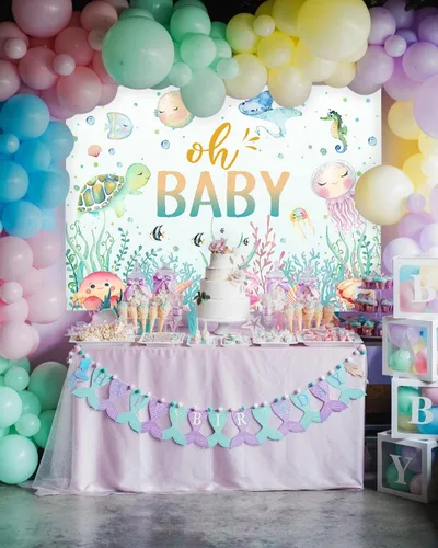 Vista 3 de Avezano Fondo para baby shower con texto en inglés "Under The Sea", para baby shower, fondo de fotografía de baby shower, decoración subacuática, 7
