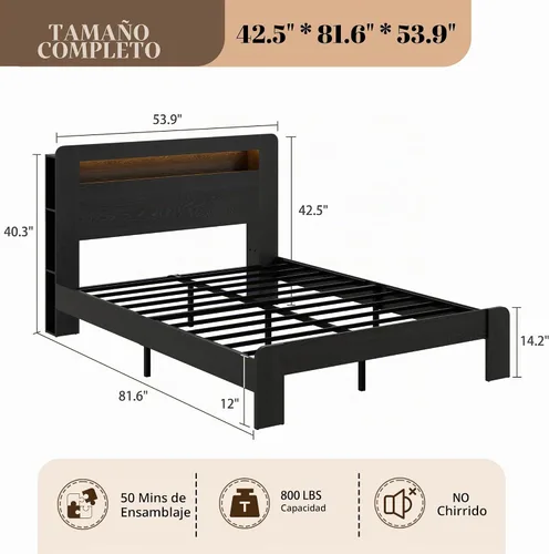 Vista 2 de Marco de Cama de Madera Tamaño Full con Cabecera de Almacenamiento, Marco de Cama de Plataforma Estilo Granja con Estante de Librería y Luces LED