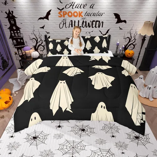 Vista 18 de Castle Fairy Happy Halloween - Juego de edredón para niños, tamaño Queen, juego de ropa de cama con diseño de fantasmas de dibujos animados rosa