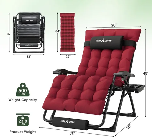 Vista 3 de Silla de gravedad cero de gran tamaño, plegable, reclinable, acolchada Rojo Extragrande