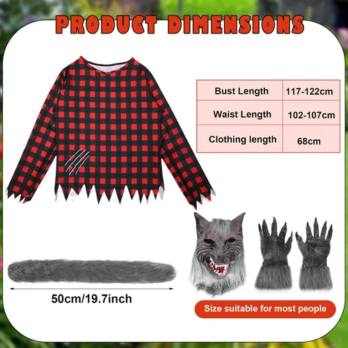 Vista 3 de Jeyiour Paquete de 6 disfraces de hombre lobo de Halloween con parte superior a cuadros rojos, capucha y guantes para colmillos para fiesta