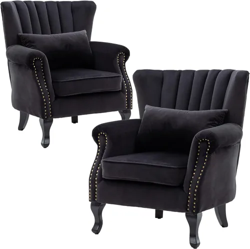 Vista 11 de Juego de 2 sillas decorativas modernas de mediados de siglo, sillón de tela de lino con respaldo acolchado/patas de madera, sillón de descanso