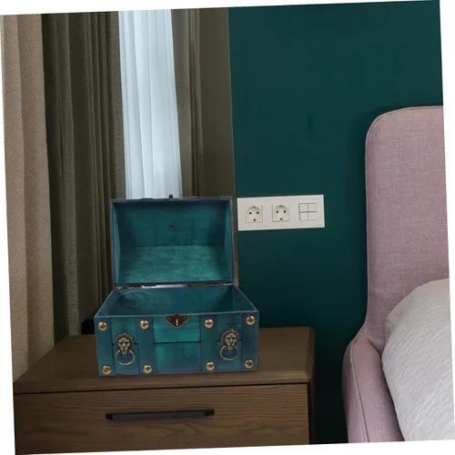 Vista 3 de Joyero de madera estilo retro para aretes, collares, pulseras, caja decorativa del tesoro con tapa, organizador de recuerdos para adultos