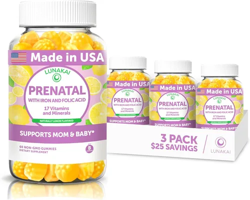 Vista 10 de Lunakai Vitaminas prenatales 17 en 1 fabricadas en Estados Unidos para mujeres con hierro y ácido fólico, deliciosas gomitas prenatales diarias