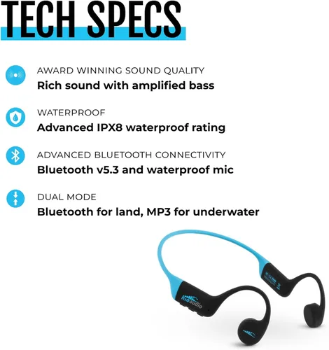 Vista 7 de H2O Audio TRI 2 Multisport - Auriculares impermeables de conducción ósea de oído abierto, Bluetooth 5.3 para correr y ciclismo, modo MP3