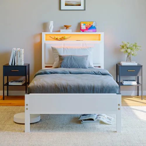Vista 13 de Base de cama de tamaño matrimonial con estantes de almacenamiento, cabecera tapizada, color gris LED Lights Charging Station,Heavy Duty Metal Bed