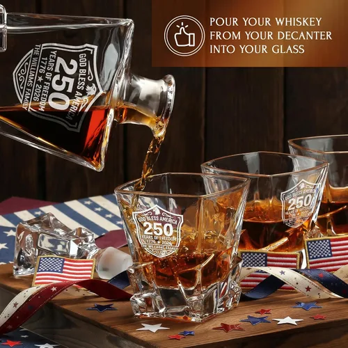 Vista 5 de Juego de decantador de whisky personalizado para el 250 aniversario Rocks, regalo de independencia de Estados Unidos 250 para hombres, nombre