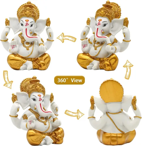 Vista 5 de alikiki Estatua de ídolo hindú de Dios Ganesha – 5.6 pulgadas de alto, tono dorado, dios indio Señor Ganpati Murti para decoración de Diwali Pooja
