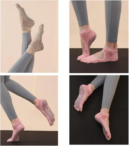 Vista 5 de Calcetines antideslizantes de cinco dedos para mujer, adecuados para ballet, yoga, pilates, barre, fitness, antideslizantes, 2 pares