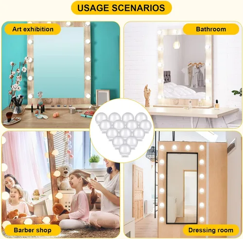 Vista 6 de Tuanse Juego de 2 luces LED de tocador, 28 bombillas regulables con 3 modos de color, luz de espejo de maquillaje enchufable con color y brillo