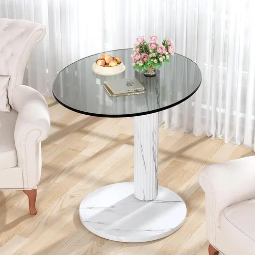 Vista 9 de Hooseng Juego de 2 mesas de café redondas, parte superior de mármol sintético y moderna tapa de vidrio transparente templado, perfectas para sala