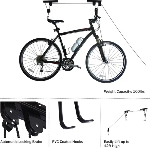 Vista 4 de RAD Sportz Juego de 4 perchas de bicicleta para sistema de polea de elevación de garaje con capacidad de 100 libras, almacenamiento de techo