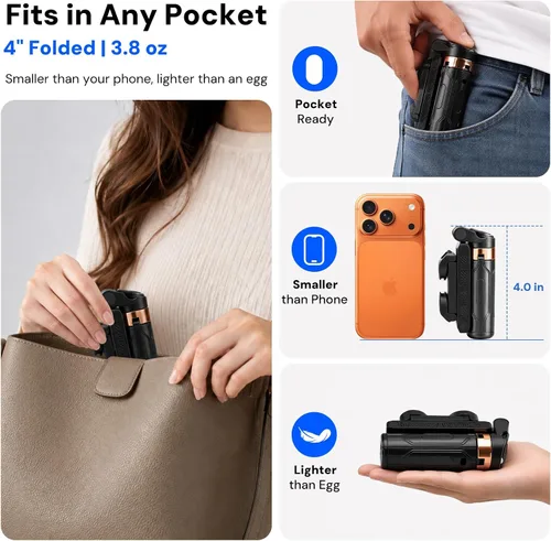 Vista 5 de Mini Selfie Stick Tripod, 4" Pocket-Sized Selfie Stick with Bluetooth Remote, 4-Leg Reinforced Stand, 360° Rotation, 3.8 oz Lightweight for