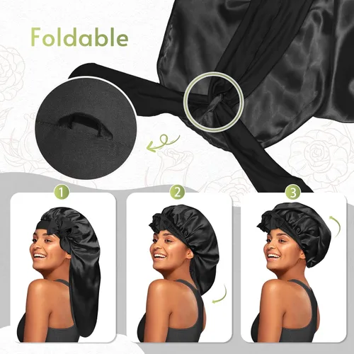 Vista 3 de BONNET QUEEN Braid Bonnet Silk Bonnet Foldable Extra Long Wrap for Braids Satin Bonnets with Tie Band Long Sleep Cap