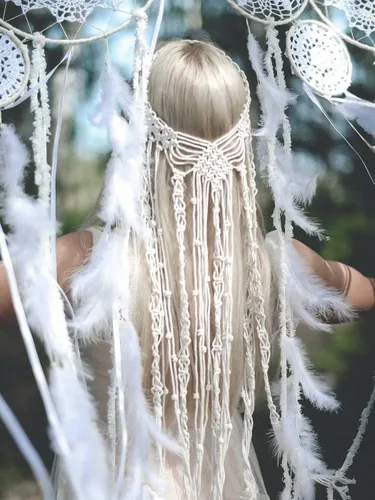 Vista 2 de GORTIN Diademas bohemias de macramé, velo de macramé blanco, diadema hippie, macramé, novia, velo de boda, despedida de soltera, accesorios