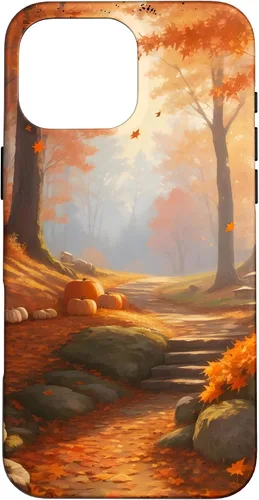 Vista 19 de iPhone 13 Pro Max Idílica escena del bosque de otoño, hojas de otoño, funda de calabazas