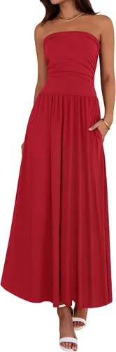 Vista 10 de BTFBM Vestidos largos de verano para mujer, vestido sin tirantes Marrón