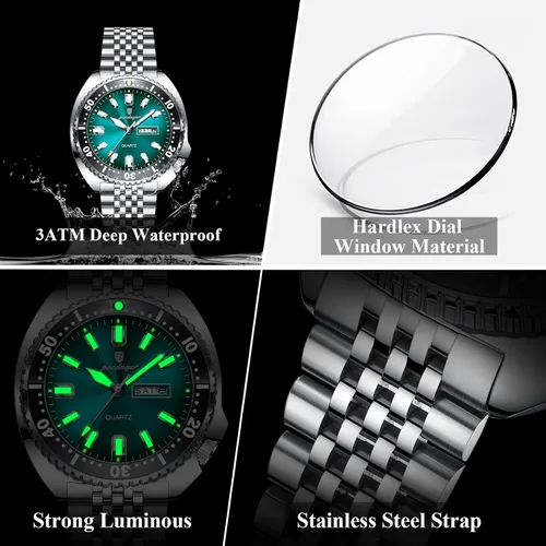 Vista 3 de Hombres de negocios reloj fecha semana impermeable luminoso hombre de lujo reloj de pulsera deportes acero inoxidable hombres moda cuarzo relojes