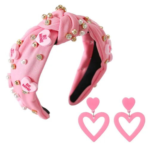 Vista 18 de Diademas de corazón de caramelo para el día de San Valentín para mujer, diadema de corazón de conversación de amor con diamantes de imitación