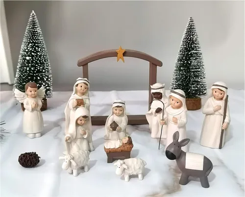 Vista 12 de Decoración Navideña Juego de Natividad en Miniatura, 11 piezas Juego de Figuras Religiosas de Decoración Navideña Incluye Escena del Establo