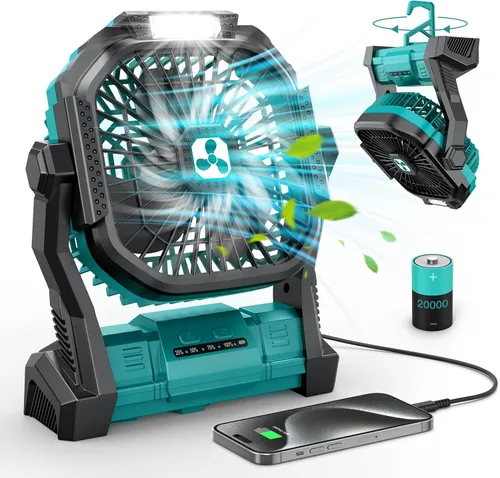 Vista 14 de ONLYNEW Ventilador portátil recargable de 20000 mAh, ventilador alimentado por batería inalámbrica con linterna LED, USB C operado por batería