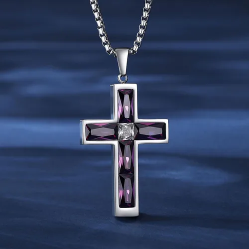 Vista 36 de Collar de cruz para hombre, piedras preciosas de color piedra natal de circonita cúbica, collar de acero inoxidable para hombre, cadena de 24