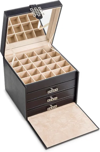 Vista 3 de Glenor Co Soporte organizador de aretes, 75 ranuras pequeñas y 4 grandes, caja de joyería clásica con cajón y cierre moderno, espejo, 4 bandejas