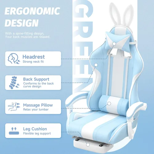 Vista 7 de Ferghana Kawaii - Silla de juegos azul claro con orejas de conejo, ergonómica y bonita silla para jugadores con reposapiés y masaje, silla