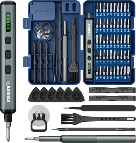 Vista 11 de STREBITO Destornillador eléctrico, mini destornillador eléctrico 67 en 1, 50 puntas magnéticas S2, 5 ajustes de torsión, 4 luces LED, juego