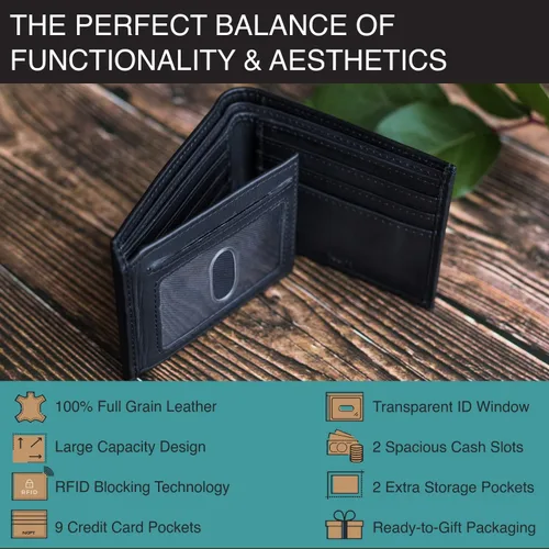 Vista 4 de NKPT Billetera plegable de cuero RFID premium para hombre Cuero de grano completo, protección RFID, Negro -, Minimalista