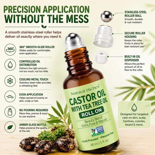 Vista 5 de Natural Riches Rollo de aceite de árbol de té con ricino en 1 fl oz