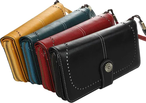 Vista 3 de Cartera de cuero para mujer, con bloqueo RFID, de gran capacidad, para tarjetas, cartera larga con muñeca