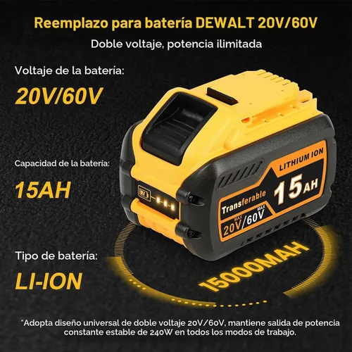 Vista 2 de Paquete de 2 unidades de repuesto de alta capacidad de 15.0Ah para Dewalt 20V/60V MAX, batería de iones de litio con conmutación automática
