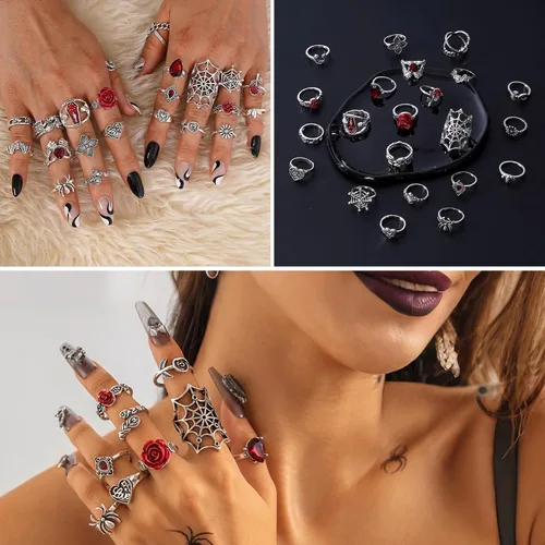Vista 2 de CHICUTIE Juego de anillos de nudillos plateados vintage para mujer, retro, apilables, góticos, estéticos, punk, articulación, dedo, anillo